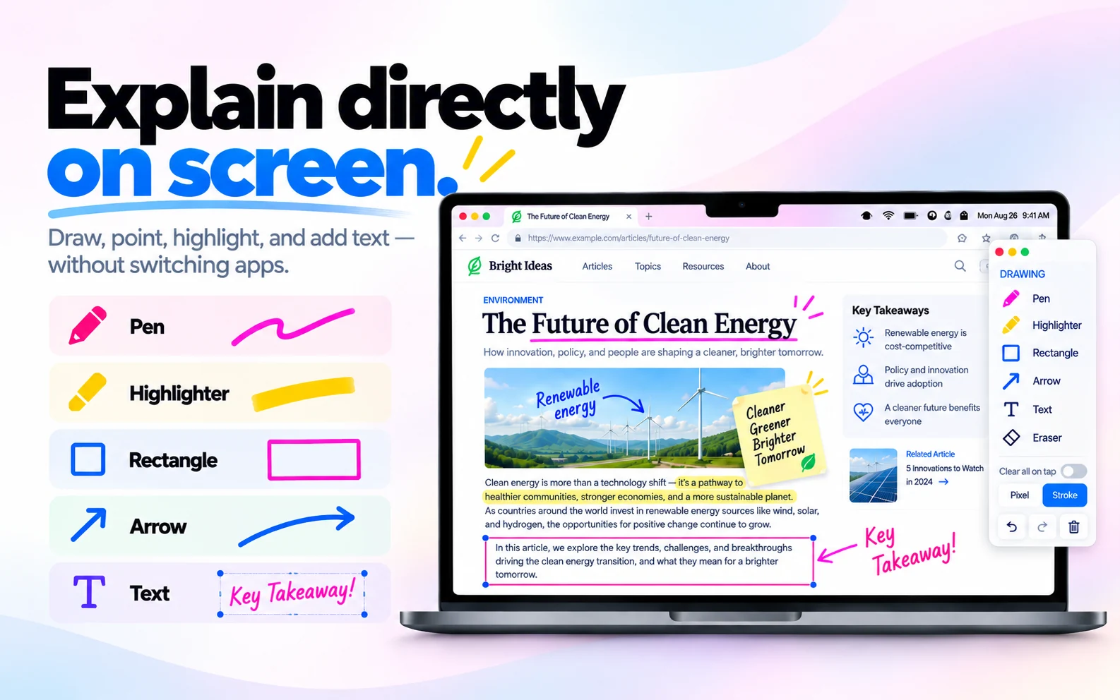 TeacherPalette screen annotation tools: pen, highlighter, arrows, shapes and text over a Mac browser.